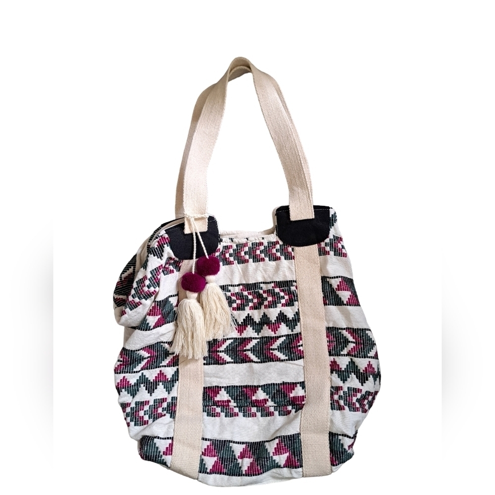 Southwestern AZTEC thick cloth tote bag tassels lining zipper beachy coastal XL